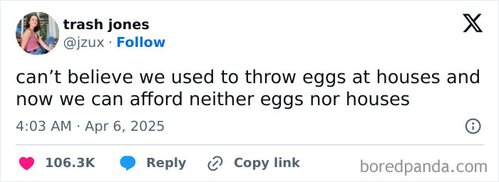 Tweet about egg prices and housing costs, reflecting humor on current affordability issues.