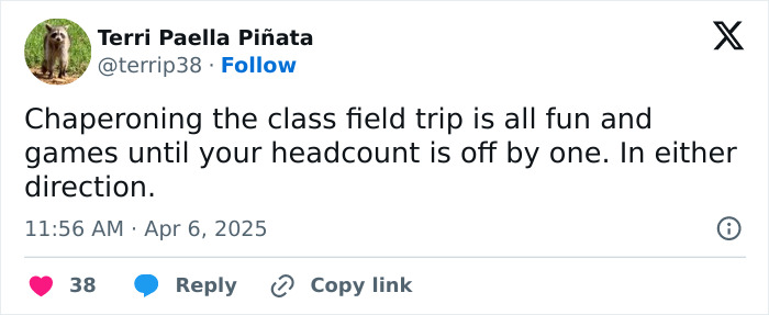 Tweet from a parent humorously sharing the chaos of managing a class field trip headcount.