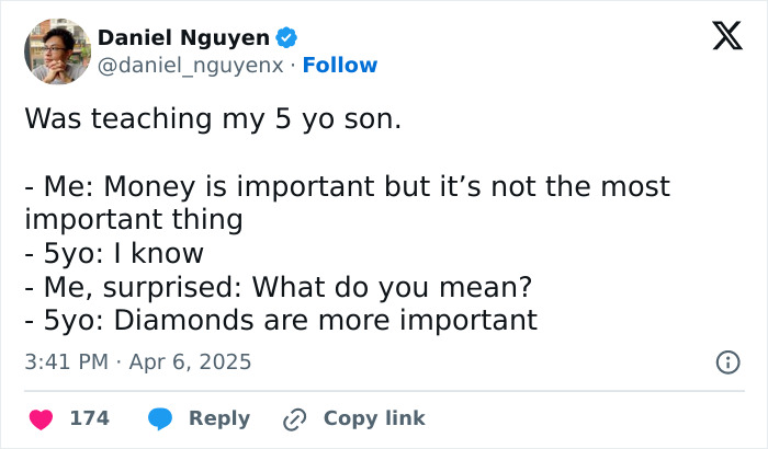 A funny tweet from a parent about their 5-year-old's surprising view on money and diamonds.