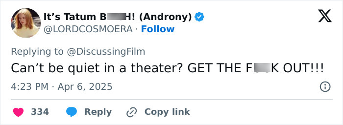 Tweet expressing frustration about movie theater noise during Minecraft movie trend.