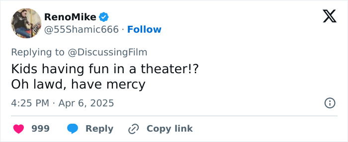 Tweet about Minecraft movie causing frustrating cinema trend, showing a humorous response to kids being noisy in theaters.