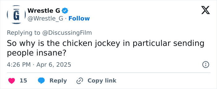 Tweet questioning the impact of the Minecraft movie trend on viewers' experience, specifically mentioning a "chicken jockey.