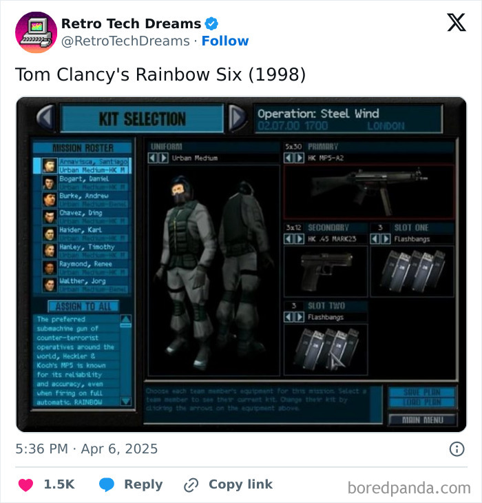 Retro tech game interface of Tom Clancy's Rainbow Six from 1998, showing character and equipment selection screen.