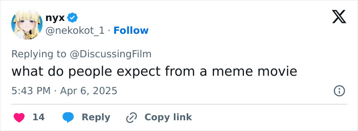 Minecraft movie criticized as a meme movie in a tweet, highlighting viewer concerns over cinema trends.