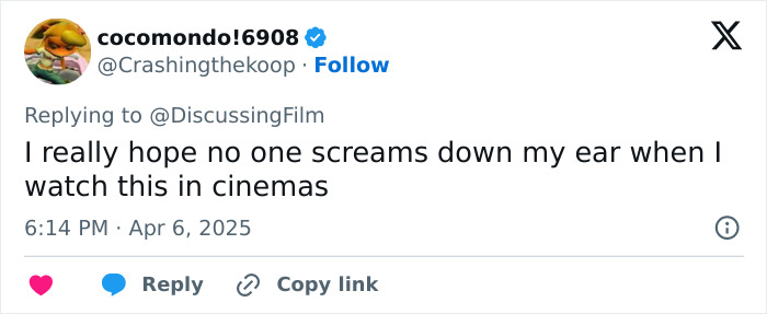Tweet expressing concern about noisy viewers during Minecraft movie in cinemas.