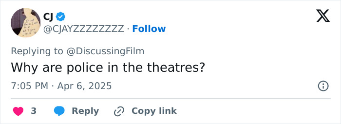 Tweet questioning police presence in theaters amid Minecraft Movie trend concerns.