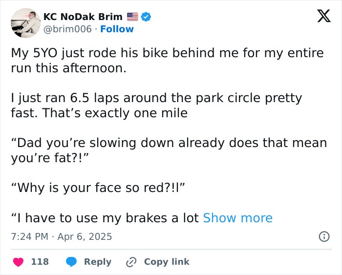 Funny parent tweet about a child biking behind during a run, questioning speed and red face.