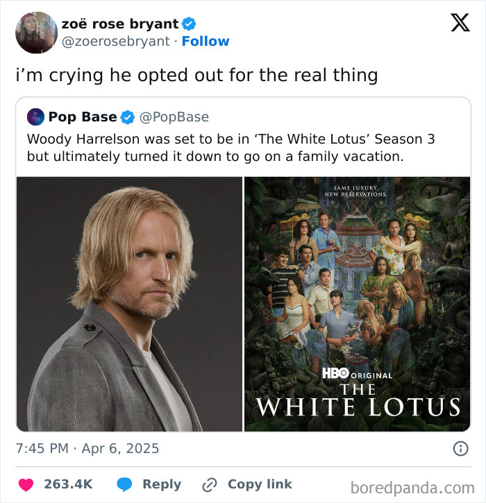 Tweet about Woody Harrelson declining 'White Lotus' role for family vacation, featured in a list of funniest tweets of the month.
