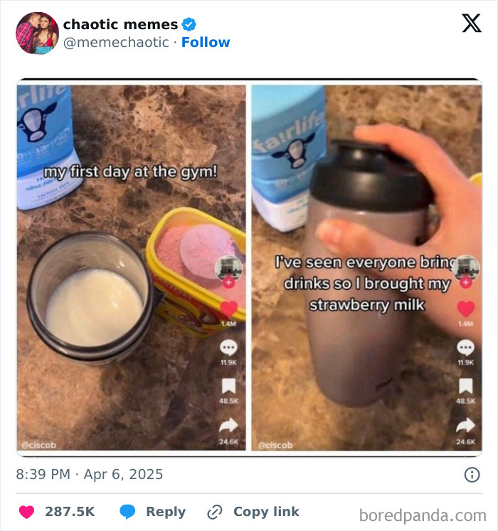 Strawberry milkshake joke at the gym, featuring protein powder and shaker bottle, part of funniest tweets compilation.