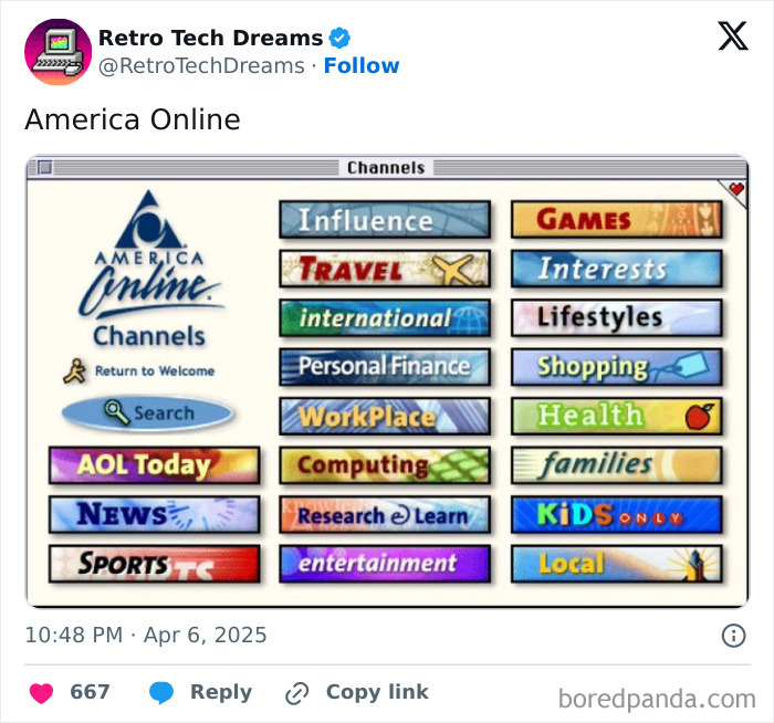 America Online interface showcasing nostalgic retro tech categories like News, Travel, and Games.