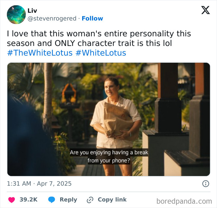 A character from White Lotus Season 3 smiling while holding a bag, with humorous subtitle about phone a*******n.