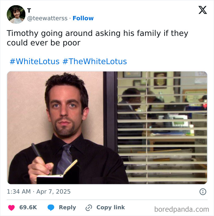 Person with a notepad reacting humorously to "White Lotus" season 3 finale discussions.