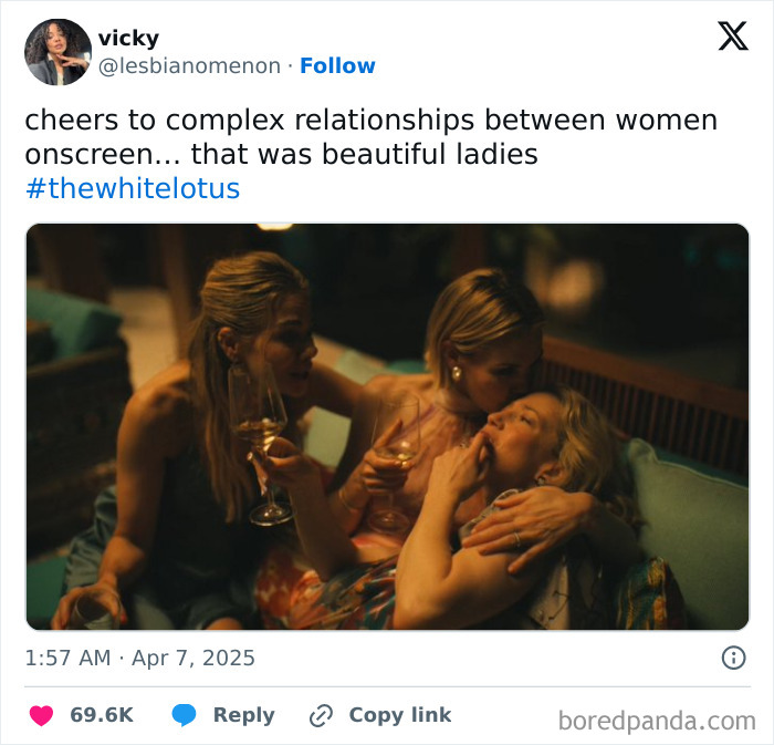 Women sharing a heartfelt moment with wine, referencing "White Lotus" scene.