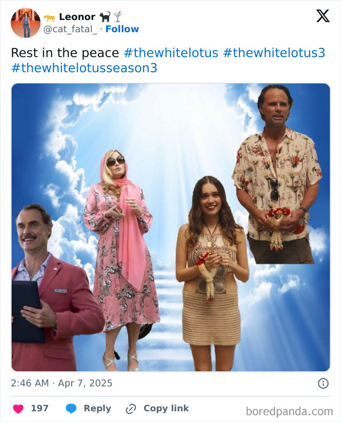 Four characters from "The White Lotus" in a heavenly scene, holding leis.