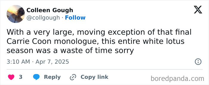 Social media post critiquing White Lotus Season 3 finale, highlighting a standout monologue.