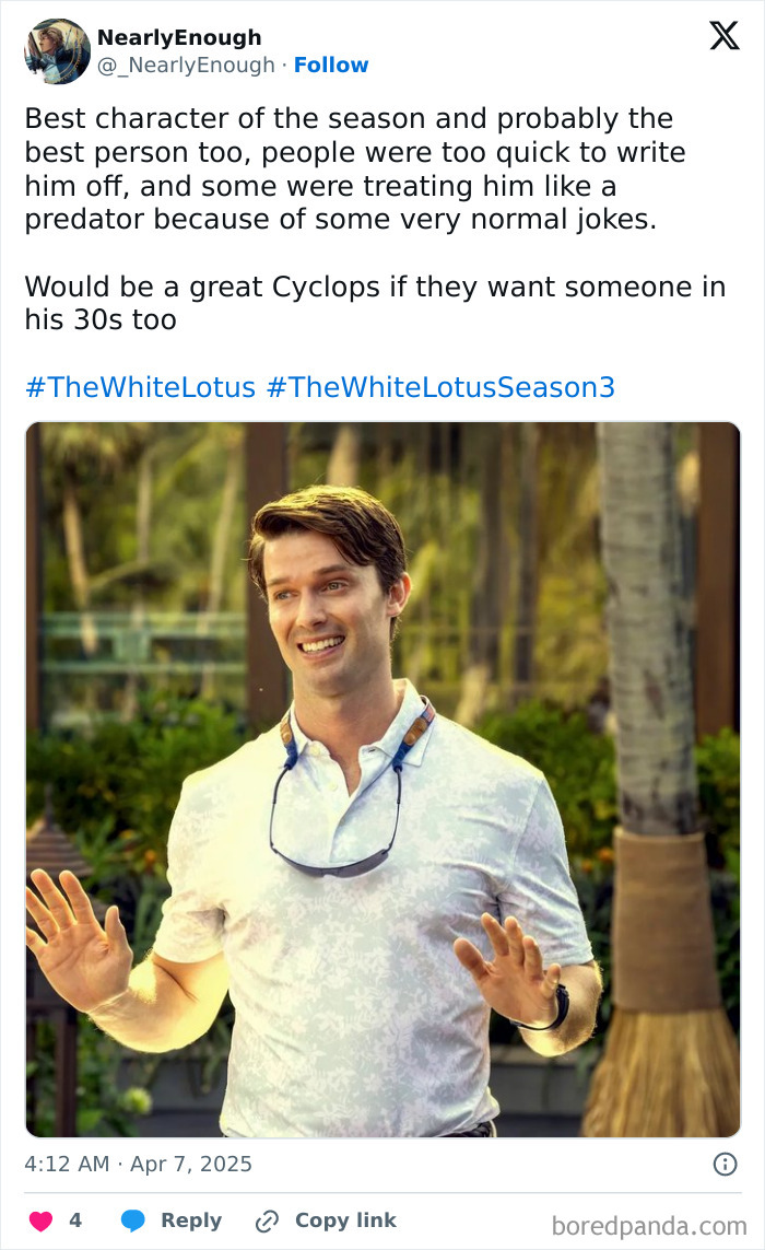 Man smiling outdoors, wearing a white shirt with sunglasses; discussion on White Lotus Season 3 character.