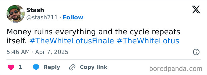 Tweet reacting to The White Lotus finale with hashtags #TheWhiteLotusFinale and #TheWhiteLotus.