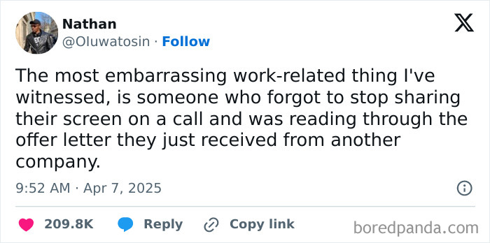Funny tweet about a work-related embarrassment, involving screen sharing and an accidental reveal of a new job offer letter.