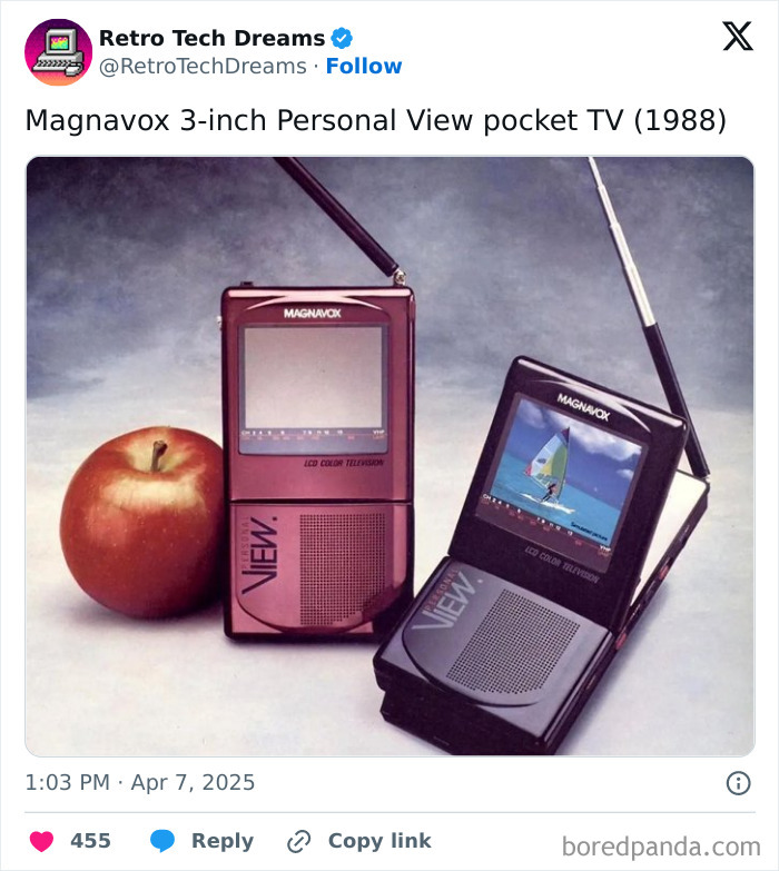 Magnavox 3-inch pocket TV from 1988 next to an apple, showcasing retro tech nostalgia.