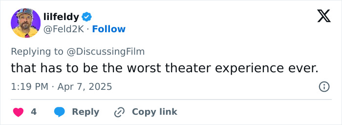 Tweet about chaotic theater experience during Minecraft movie screening. Tweet about chaotic theater experience during Minecraft movie screening.