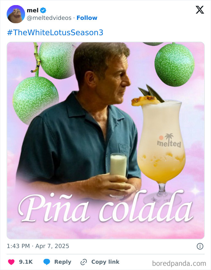 Man in a blue shirt holding a drink with a tropical backdrop, promoting White Lotus Season 3.