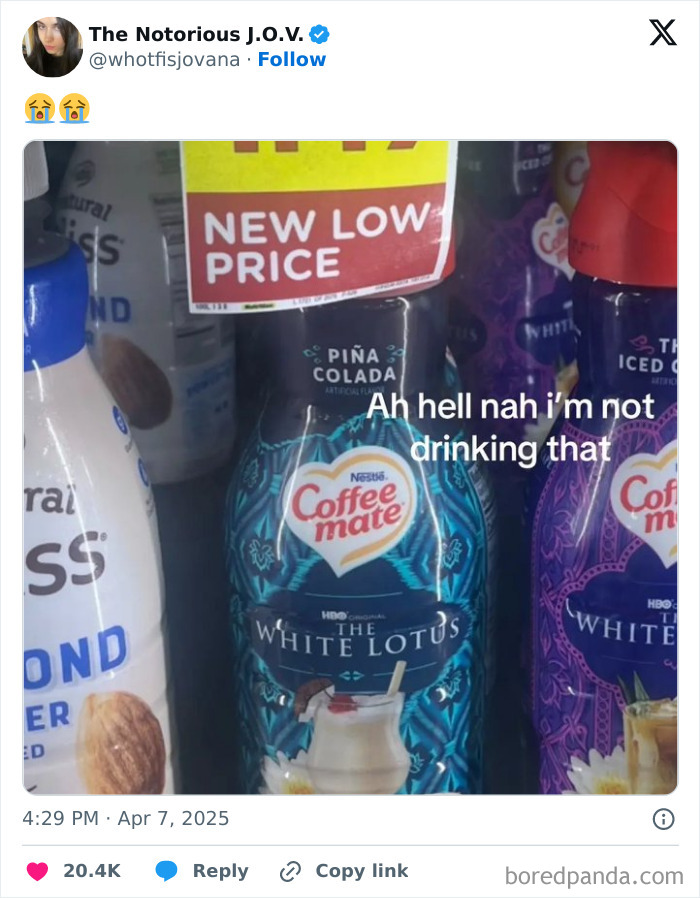 Coffee creamer on a shelf labeled "The White Lotus" with text overlay, "Ah hell nah I'm not drinking that." Funny tweets of April.