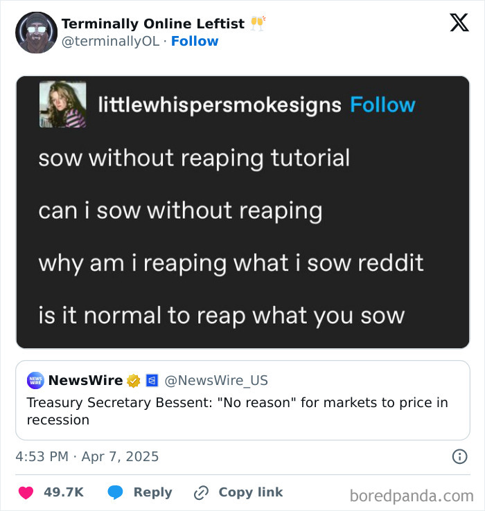 Funny tweet about reaping what you sow humorously contrasted with a financial news headline.