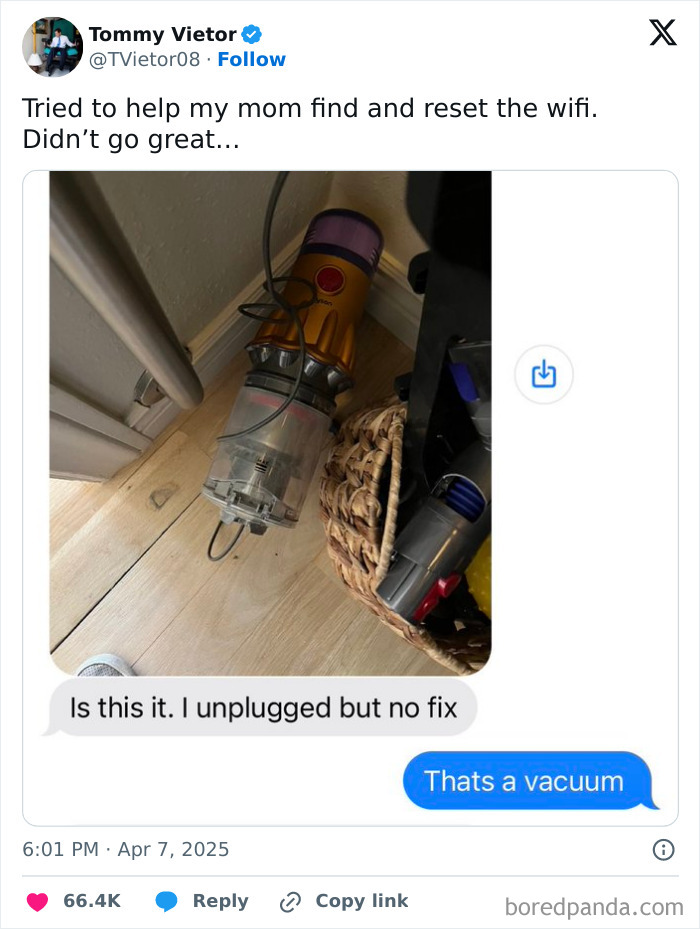 Funny tweet about mistaking a vacuum for a WiFi router in April.