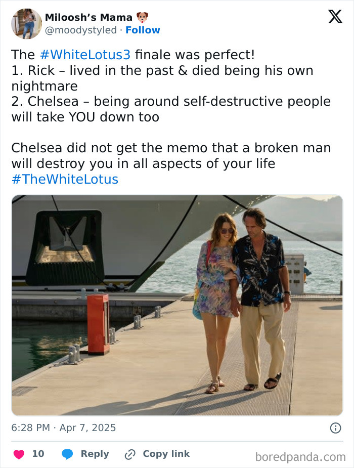 Couple walking on a dock, reacting to White Lotus Season 3 finale with humorous comments.