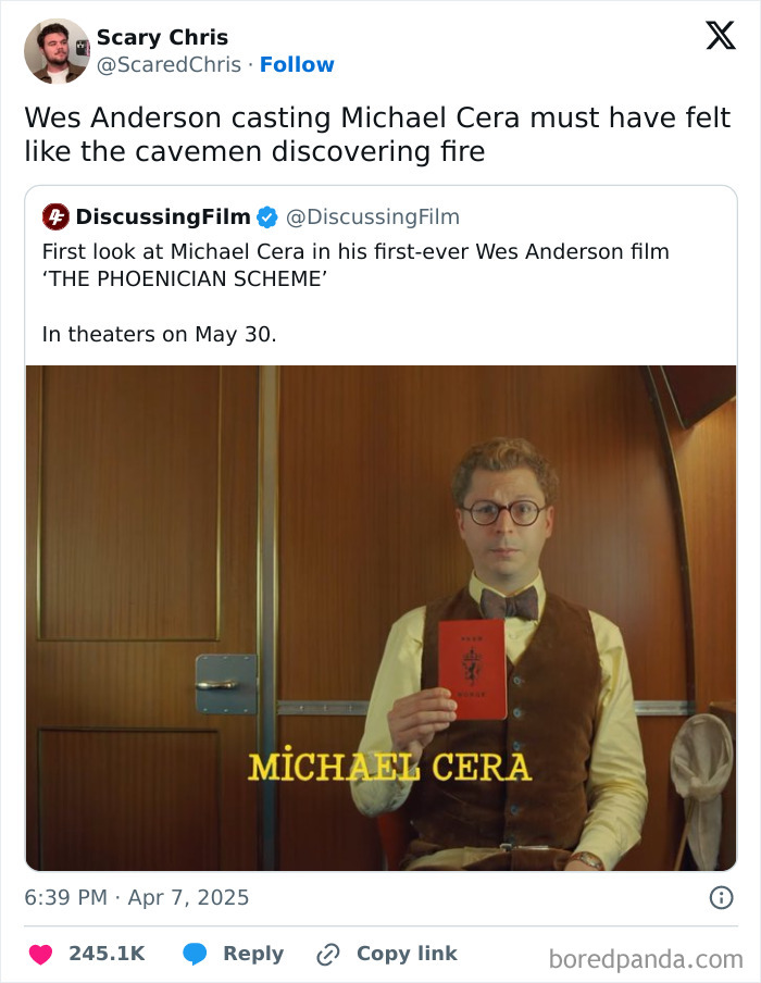 Michael Cera in a Wes Anderson film tweet, shared by user Scary Chris, showcasing April's funniest tweets.