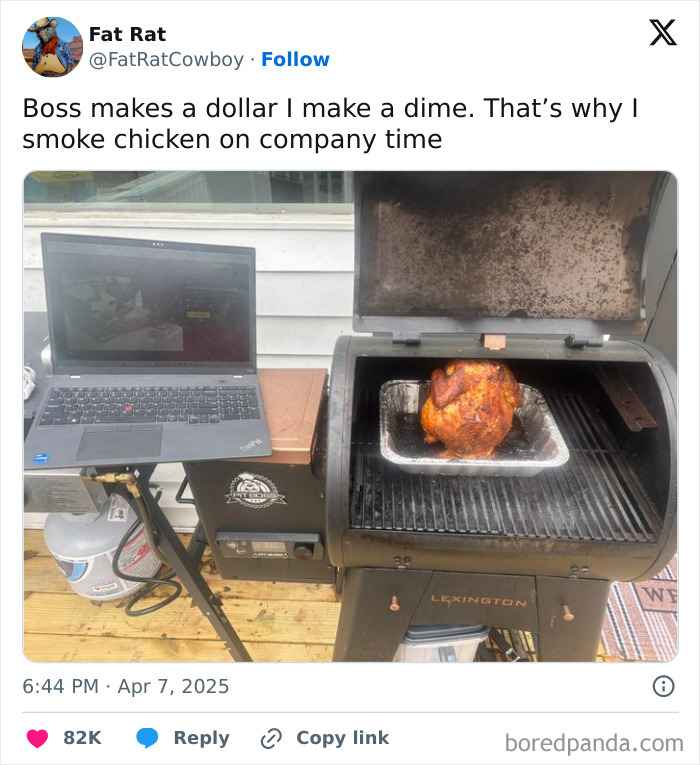 Grill with chicken next to a laptop on a deck; a humorous scene from the funniest tweets of the month.