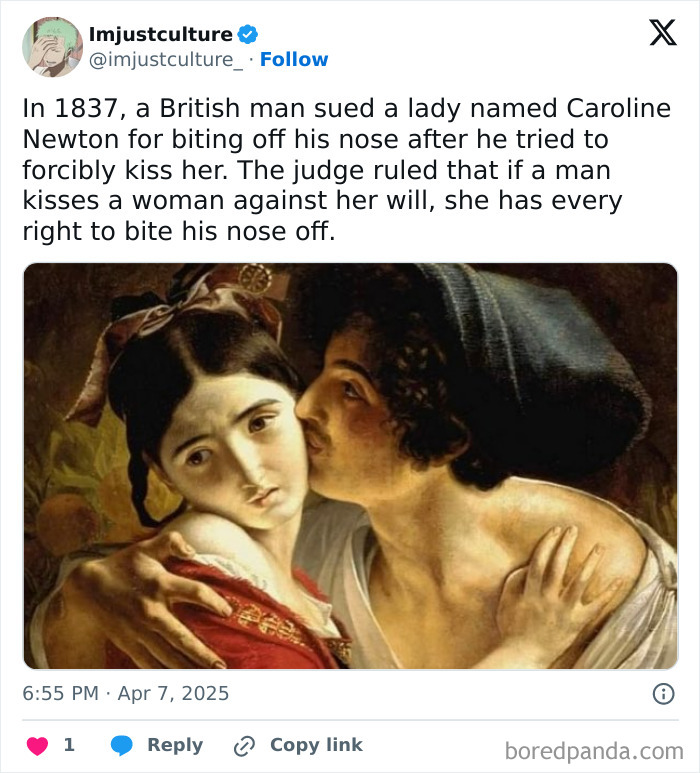 Old painting depicting a man trying to kiss a woman, illustrating an interesting historical fact.