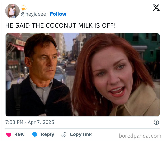 Funny tweet featuring a movie scene with a woman yelling about coconut milk, shared by @heyjaeee.
