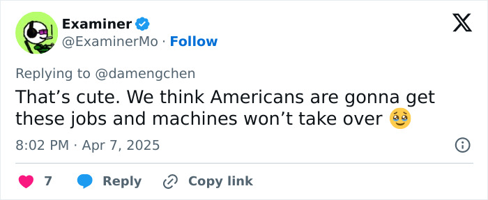 Tweet response about US tariffs from ExaminerMo, with ironic comment on American jobs and machines taking over. Tweet response about US tariffs from ExaminerMo, with ironic comment on American jobs and machines taking over.