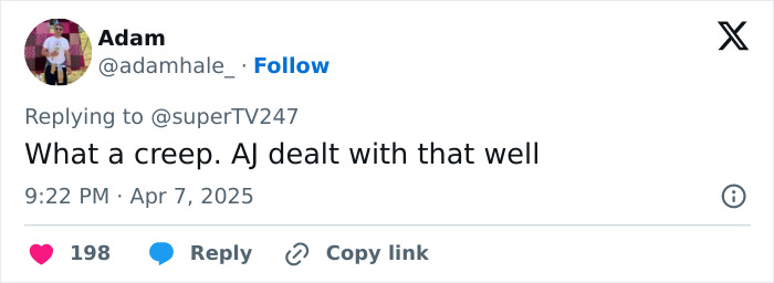 Tweet criticizing Mickey Rourke for behavior towards AJ Odudu on Celebrity Big Brother.