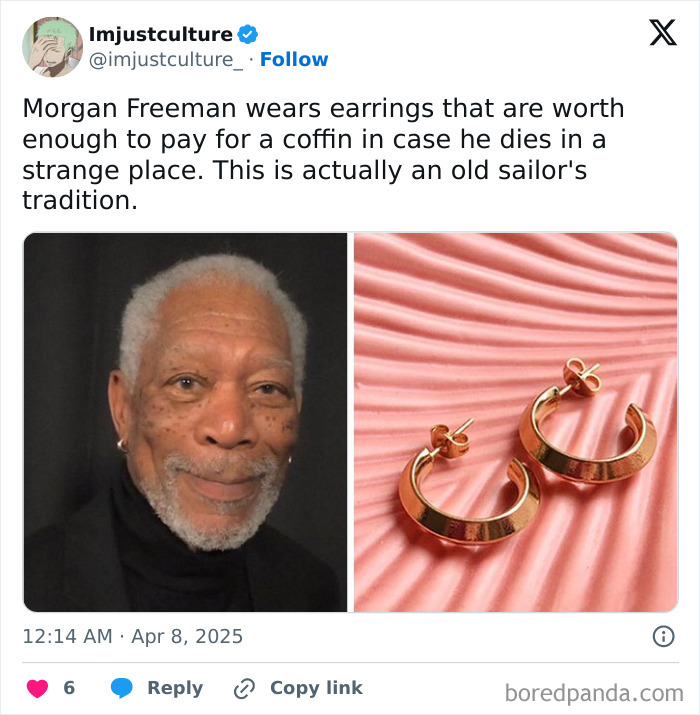 Man smiling and a pair of gold hoop earrings on a pink background, highlighting an interesting earring fact.