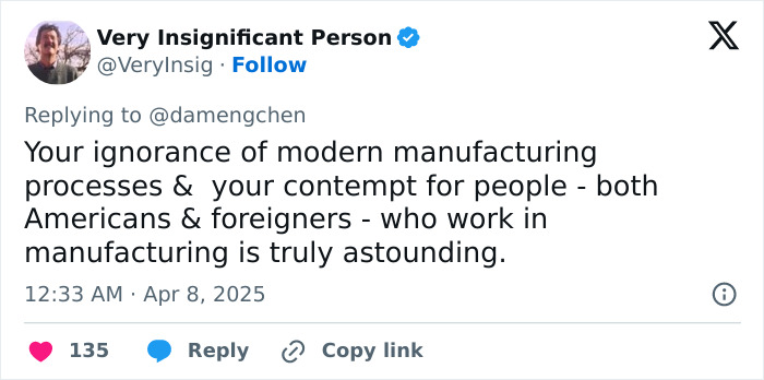 Tweet criticizing ignorance on tariffs and manufacturing related to Chinese artist's video. Tweet criticizing ignorance on tariffs and manufacturing related to Chinese artist's video.
