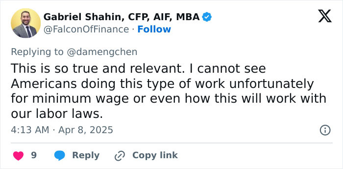 Tweet discussing US labor laws in response to Chinese artist's video about tariffs. Tweet discussing US labor laws in response to Chinese artist's video about tariffs.