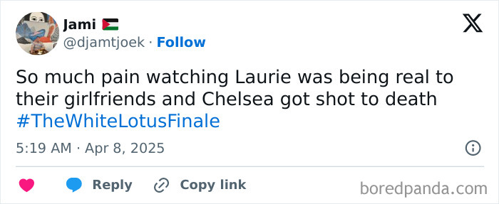 Tweet reaction to White Lotus finale: "Laurie was being real to girlfriends and Chelsea got shot." #TheWhiteLotusFinale