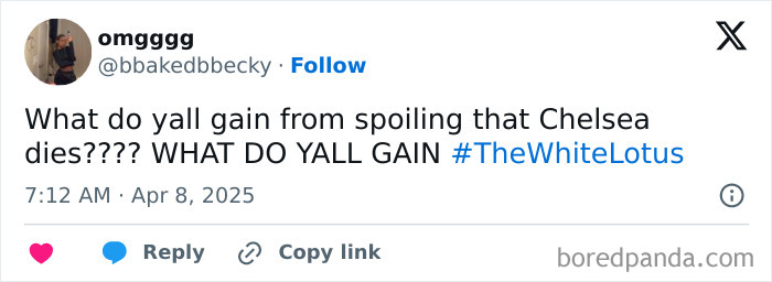 Tweet reacting to White Lotus finale spoiler, questioning the reveal of Chelsea's fate.