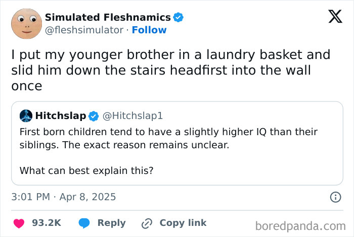Funny tweet exchange about siblings, with over 93K likes, discussing why first-born children may have higher IQs.
