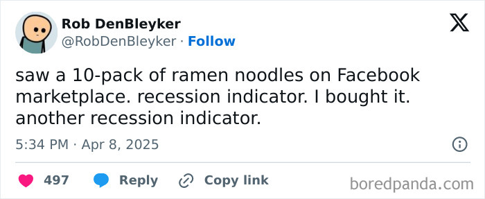 Rob shares a recession indicator: buying a 10-pack of ramen noodles on Facebook marketplace as a humorous sign.