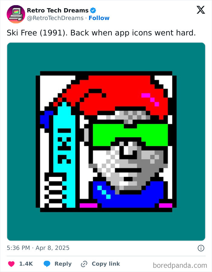 Retro tech icon of Ski Free from 1991, showcasing nostalgic pixel art style on a teal background.