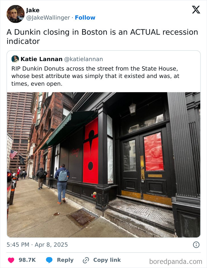 Dunkin' location in Boston closed, cited as a humorous recession indicator by social media users.