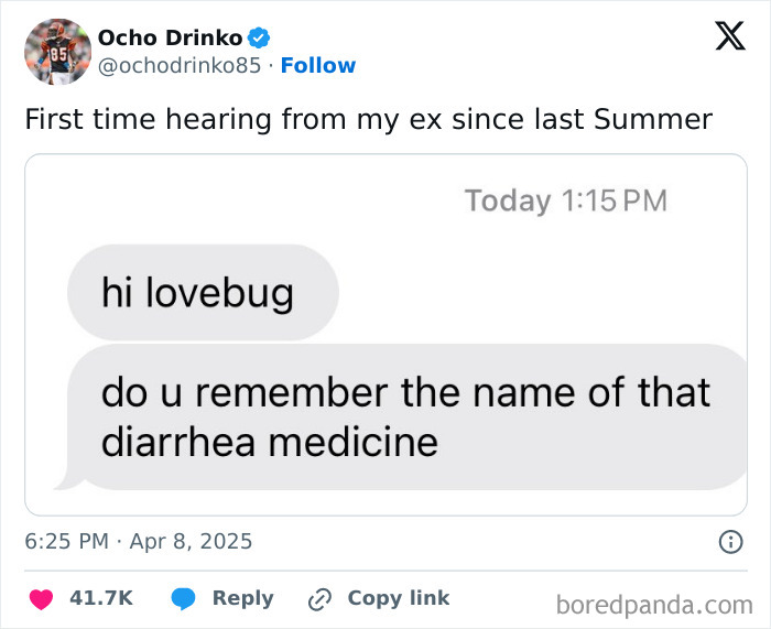 Funny tweet of the month: Ex texts asking about diarrhea medicine, unexpectedly humorous request.