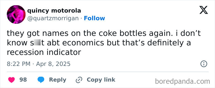"Tweet jokes about names on coke bottles as a recession indicator."