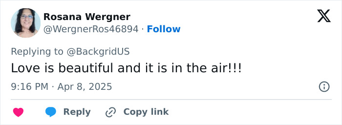 Tweet by Rosana Wergner expressing love, linked to age confusion about Keanu Reeves' youthful look.