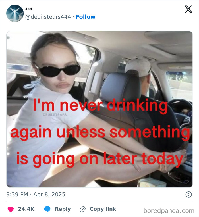 Woman in a car wearing sunglasses, with text overlay about not drinking again. Funniest tweets of the month.