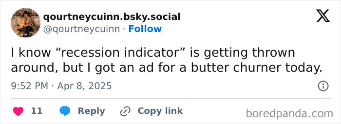 Tweet jokes about recession indicators, mentioning a butter churner ad.