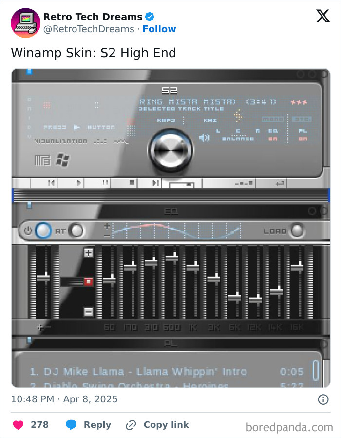 Winamp S2 skin with retro tech design, showcasing equalizer and track details in a nostalgic software interface.